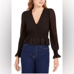 Lucy Paris Size XS Black Sheer Long Sleeve Faux Button Front V-Neck Ruffle Hem
